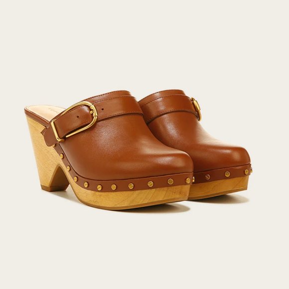 NWT Veronica Beard Hedrix Clog Woodgrain Platform Leather Buckle Sz 9 Hazelwood - Picture 1 of 14